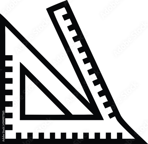 Black line drawing of a triangle ruler and straight ruler for geometry lessons and technical drafting