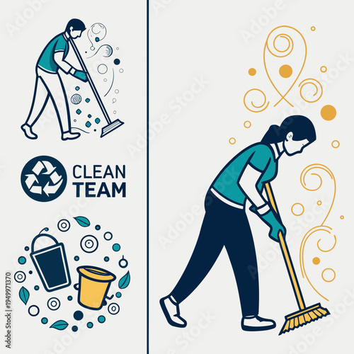Cleaning team and janitorial services with broom and bucket icons