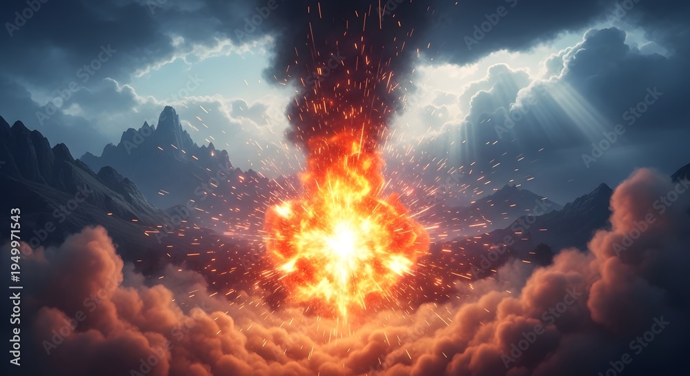 Fototapeta premium Nuclear style explosion over mountain valley with massive mushroom cloud and bright white light core illuminating surrounding peaks and heavy low hanging clouds in dramatic daylight scene