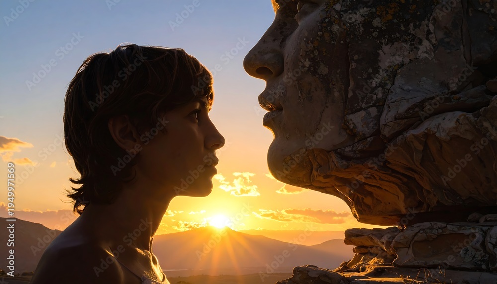 Fototapeta premium A young boy faces a giant stone statue at sunset