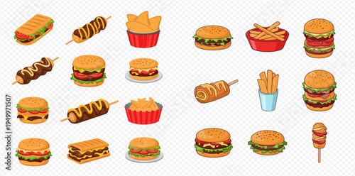 Set of various fast food items including burgers, hot dogs, fries, and nachos, on a transparent background.