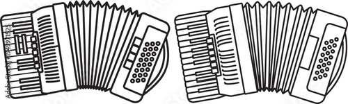 Black and white illustration of two accordions on a white background, outline drawing, Musical Instrument, Vintage Instrument, Line Art, Flat Design, Hand Drawn
