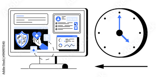 Health data management. Health data visuals with medical icons, analytics, and secure profile on a screen. Health data integration over time and its monitoring. For healthcare, technology, security