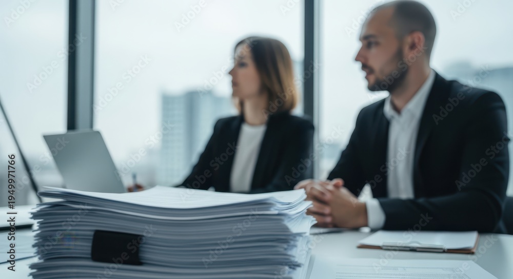 Fototapeta premium Business professionals reviewing documents in modern office with city view