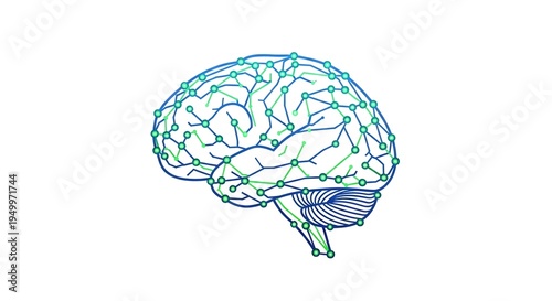 Digital brain illustration representing artificial intelligence and complex thought processes with interconnected neural networks and data flow