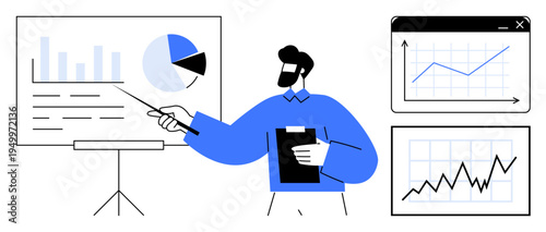 Business strategy, data analysis, performance review, report visualization, corporate planning, team briefing. Man with clipboard presents information on pie and bar charts. Business strategy