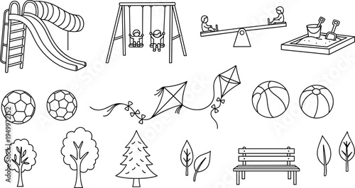Collection of playful outdoor recreation and park elements in a simple line art style
