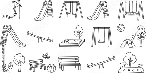 Collection of hand-drawn playground elements and outdoor recreation items