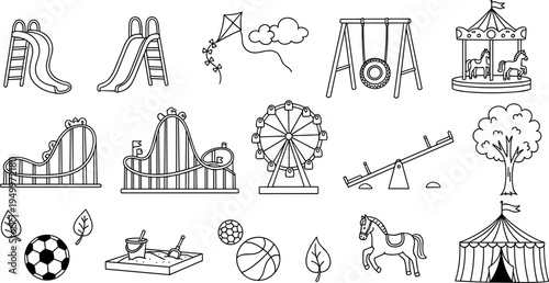 Collection of simple line art amusement park and playground icons for children