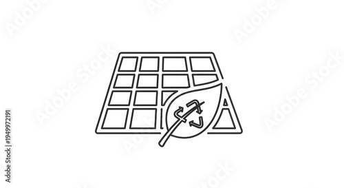 Conceptual illustration of a solar panel array integrated with a green leaf and recycling emblem, promoting renewable energy solutions for a sustainable future