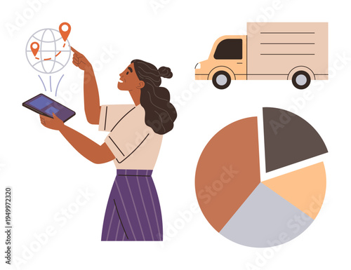 Logistics, delivery services, data analysis, supply chain management, technology, tracking. Woman pointing to a global map with tablet, delivery truck pie chart. Logistics and delivery services