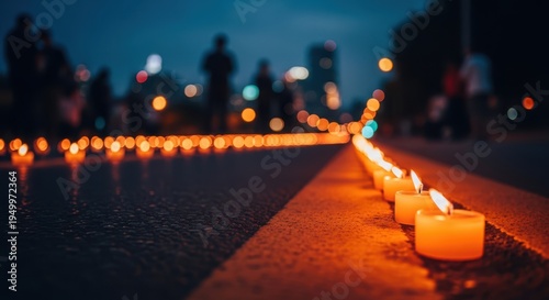 Line of lit candles on pavement creating warm path in evening city setting