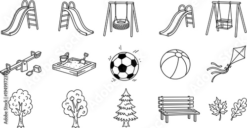 Collection of hand-drawn playground and outdoor activity icons in a simple doodle style