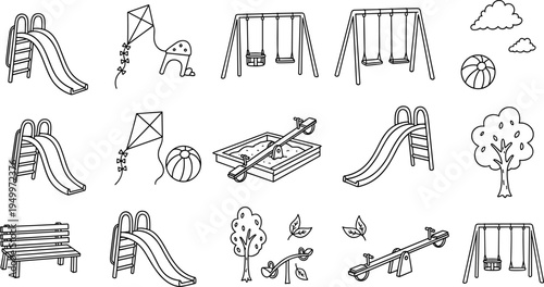 Collection of hand-drawn playground equipment and outdoor elements in a simple line art style