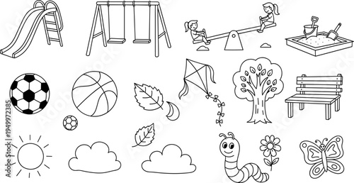 Collection of playful outdoor and nature elements for children's activities and imagination