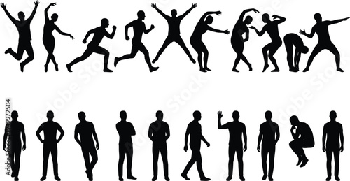 Active People Silhouette Set with Dancing, Running and Standing Poses, Human Character Collection for Movement, Lifestyle and Fitness Design