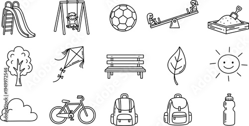 Collection of simple line art icons representing outdoor activities and nature elements