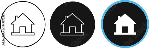 Three black and white house icons in oval shapes with different design variations