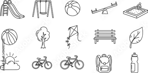 Collection of outdoor recreation and park icons in a simple line art style