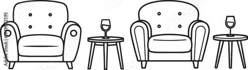 Outline drawing of two armchairs with side tables and wine glasses, isolated illustration, Line Art, White Background, Flat Design, Living Room, Hand Drawn, Wine Glass