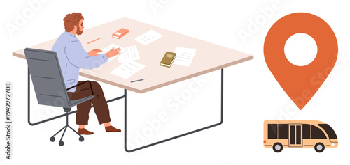 Transportation, urban planning, logistics, navigation, scheduling, public transit. A man works at a desk with papers, a map pin and a bus. Transportation and urban planning concept