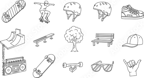 Collection of skateboard elements and park accessories in a simple line art style