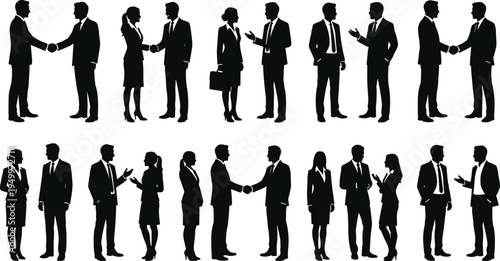 Business People Handshake and Conversation Silhouette Set, Professional Meeting, Negotiation and Partnership Human Character Collection for Corporate Design