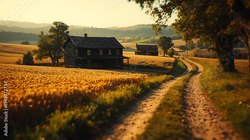 Wallpaper Mural Rustic farmhouse on a winding dirt road in golden wheat field at sunset Torontodigital.ca