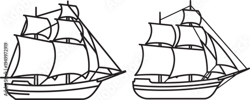 Outline drawing of two historical sailing ships on a white background, simple vector illustration, Sailing Ship, Tall Ship, Vintage Boat, Sea Vessel, Line Art