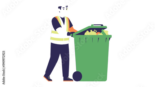 Waste Management Efficiency: A sanitation worker efficiently manages a large green waste bin, highlighting community responsibility and environmental protection.