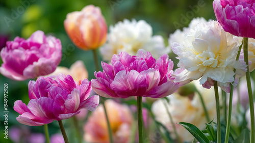 Multi colored peonies and striped tulips showing delicate petals and rich texture in a vibrant garden scene during spring