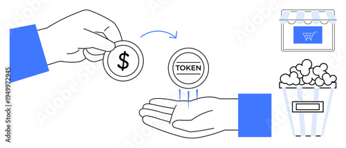 Digital payment, e-commerce, entertainment, token economy, cashless transactions, rewards systems. Hand exchanging token for dollar. Digital payment and e-commerce concepts