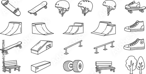 Collection of skateboard park elements and accessories in a simple line art style