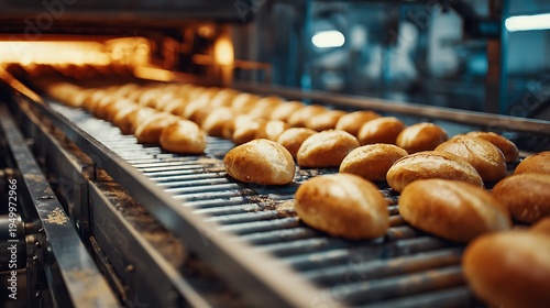 Baked goods on industrial conveyor belt.