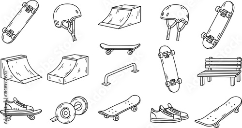 Collection of hand-drawn skateboard elements and park accessories for extreme sports