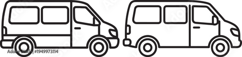 Line art icons of two minivans or vans side-by-side, simple outline illustration on white background, Car Outline, Family Car, Road Trip, Passenger Van, Utility Van