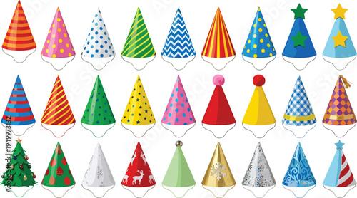 Colorful party hat collection set, festive birthday celebration cone hats with patterns, carnival decoration accessories vector illustration