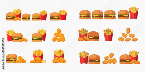 Set of fast food illustrations with burgers, french fries, and chicken nuggets on a transparent background.
