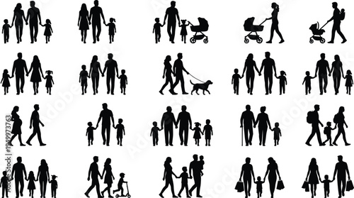Family silhouettes collection, parents with children walking, stroller, dog and shopping, happy family lifestyle people vector illustration set