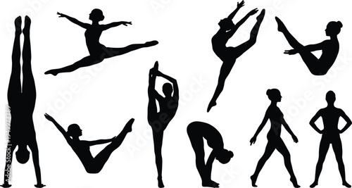 Gymnastics and ballet dancer silhouettes set, female athlete stretching, jumping and balance poses, fitness flexibility training vector illustration