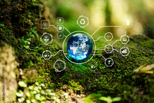Carbon reduction and renewable energy concept with CO2 icon and green ecosystem. Sustainability, climate action, circular economy and clean energy technology in nature.