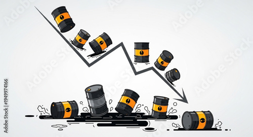 Oil Price Decline - Barrels Falling Along a Downward Trend Line.