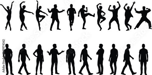 People Dancing and Standing Silhouette Set, Human Character Poses Collection for Celebration, Movement, Lifestyle and Entertainment Design