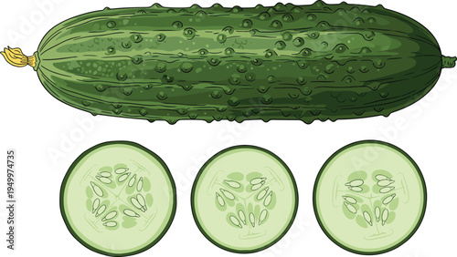 Fresh cucumber whole and slices set. Green organic cucumber with round cut pieces. Healthy garden vegetable illustration for cooking ingredients, salad food, and farm harvest design.