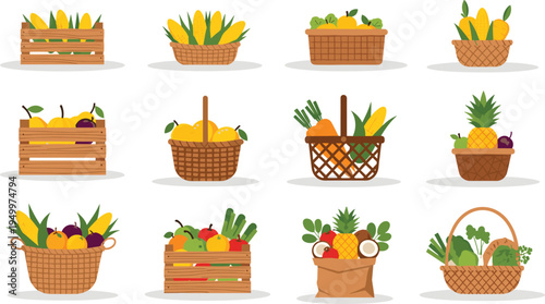 Fresh fruit baskets and crates set. Wooden boxes and wicker baskets filled with tropical fruits and vegetables. Organic farm harvest collection for grocery, market, and healthy food design.