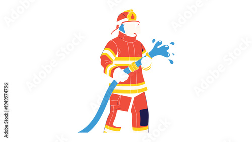 Firefighter in Action: A brave firefighter stands ready, water gushing from a hose, showcasing unwavering courage and the vital role of protection and dedication.