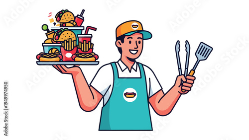 Serving Up Deliciousness: A smiling food service worker, ready to serve an array of tasty fast food meals, burgers, fries, and tacos.