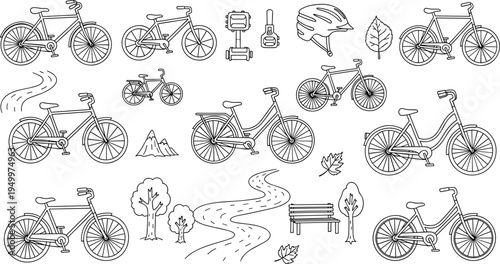 Collection of hand-drawn bicycle illustrations and park elements on a white background