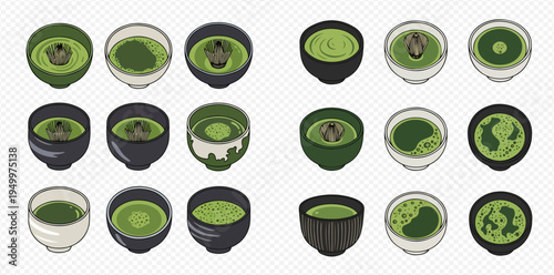 Set of various matcha tea bowls with different textures and patterns, vector illustration.