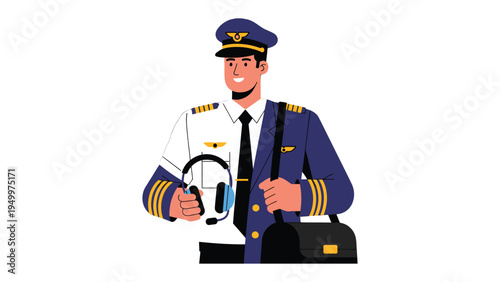 The Confident Aviator: A professional pilot, radiating confidence and experience, stands ready for duty, holding a headset and travel bag, embodying precision and skill in aviation.
